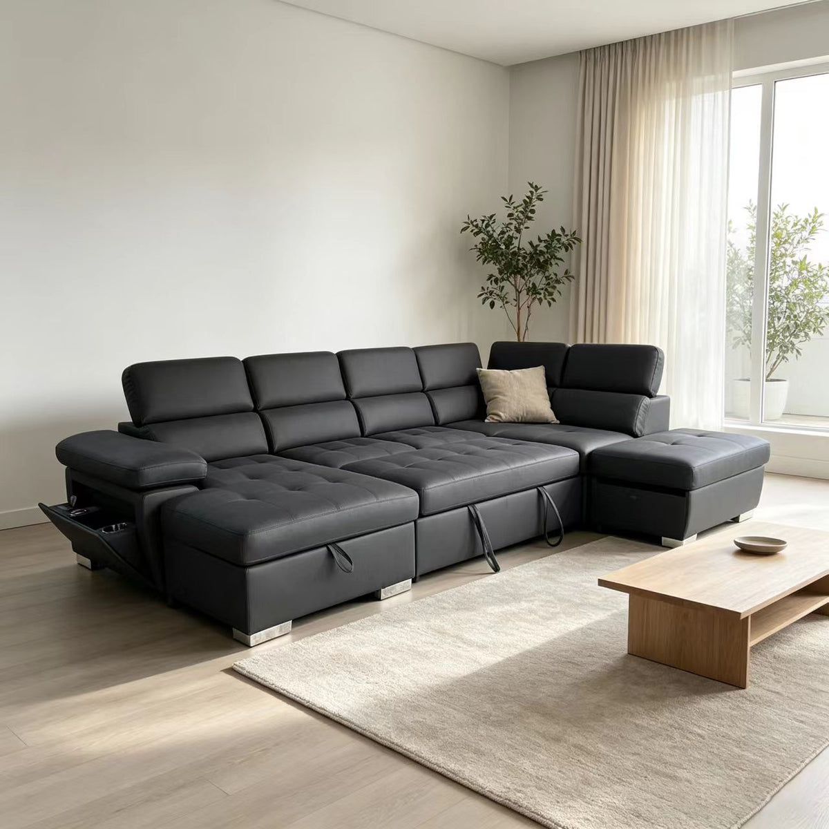 Brighton Soft Rhino Fabric Pull Out SofaBed With Storage Chaise and Wireless Charger
