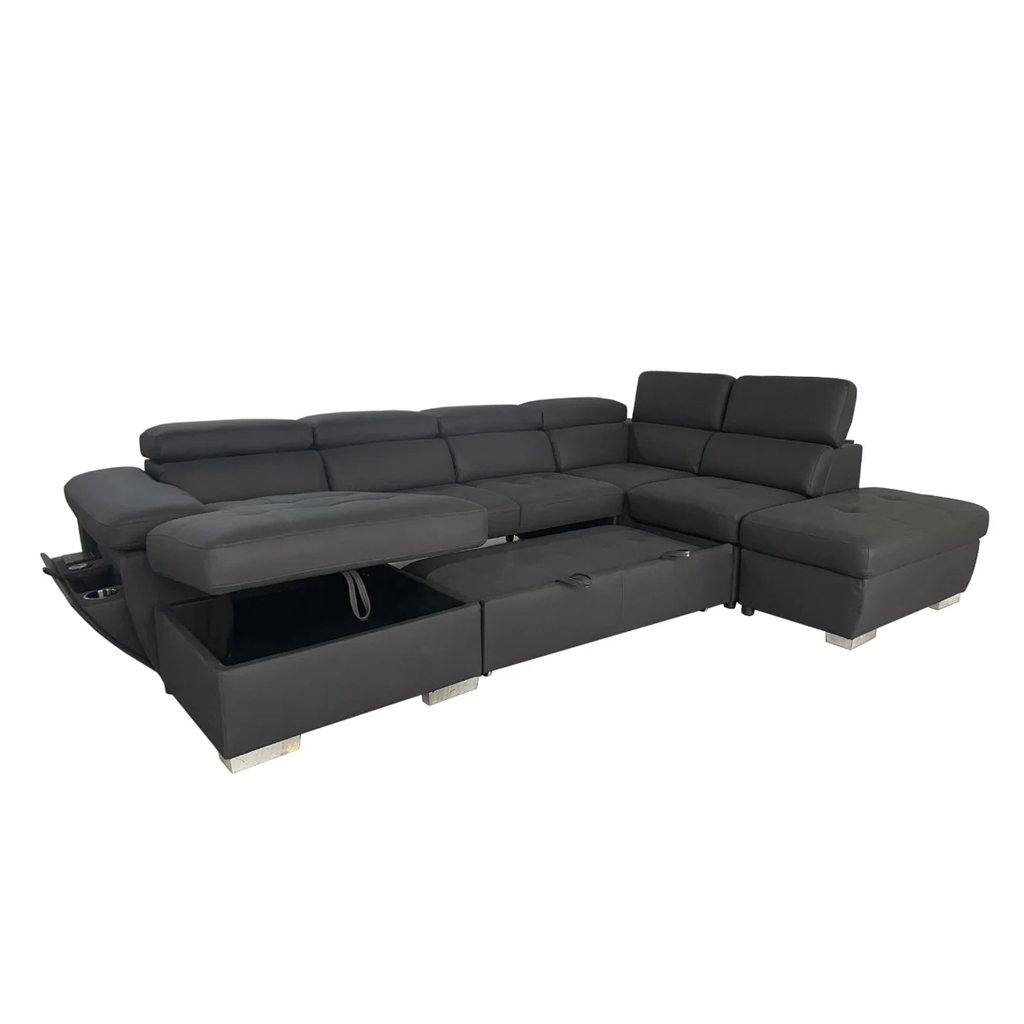 Brighton Soft Rhino Fabric Pull Out SofaBed With Storage Chaise and Wireless Charger