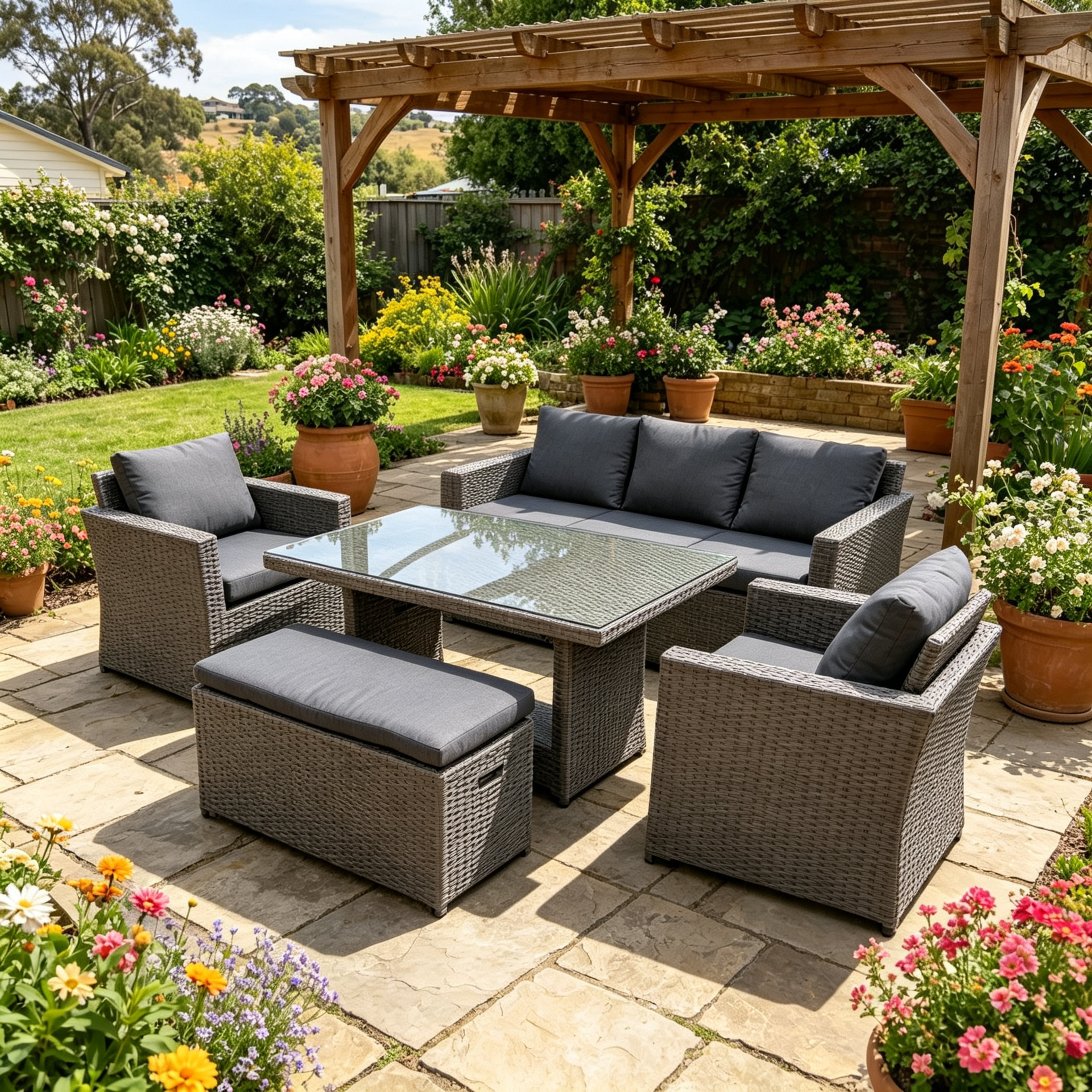 Mansard 5PC Outdoor Dining Lounge Set – Wicker Table & Seating