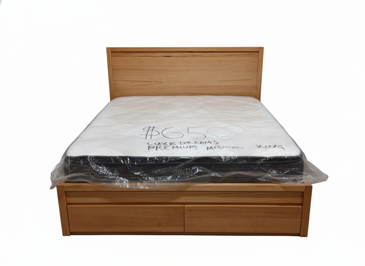 Padma King Bed Frame with Storage Drawers -Natural Wood