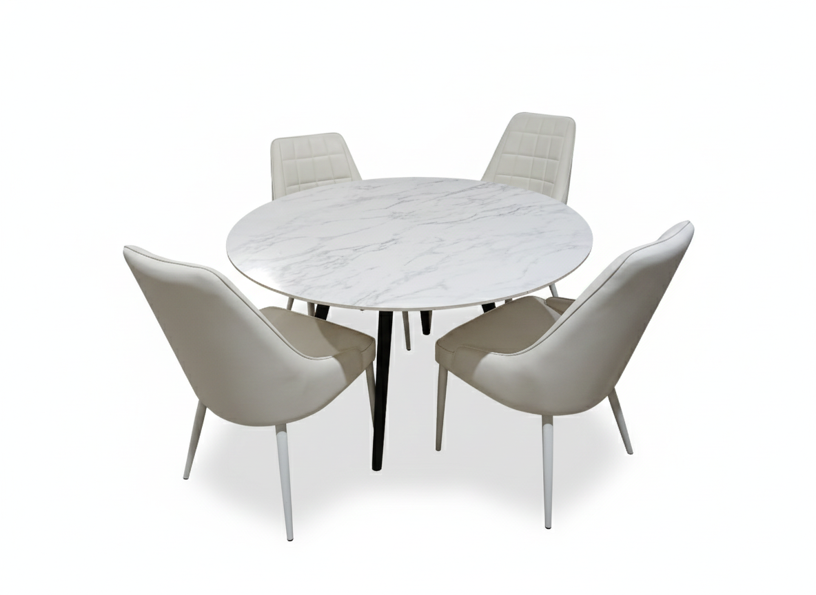 Marble Dining Set -Round Table with 4 Leather Chairs