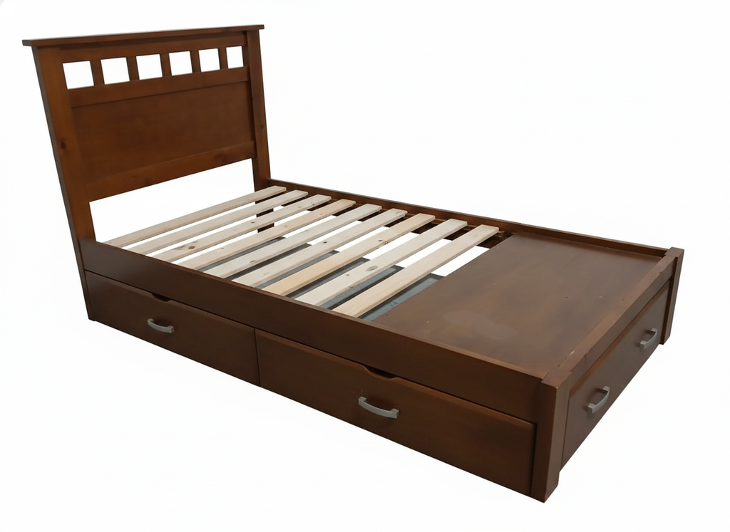 Homefur King Single Bed with Storage Drawers -Timber Finish