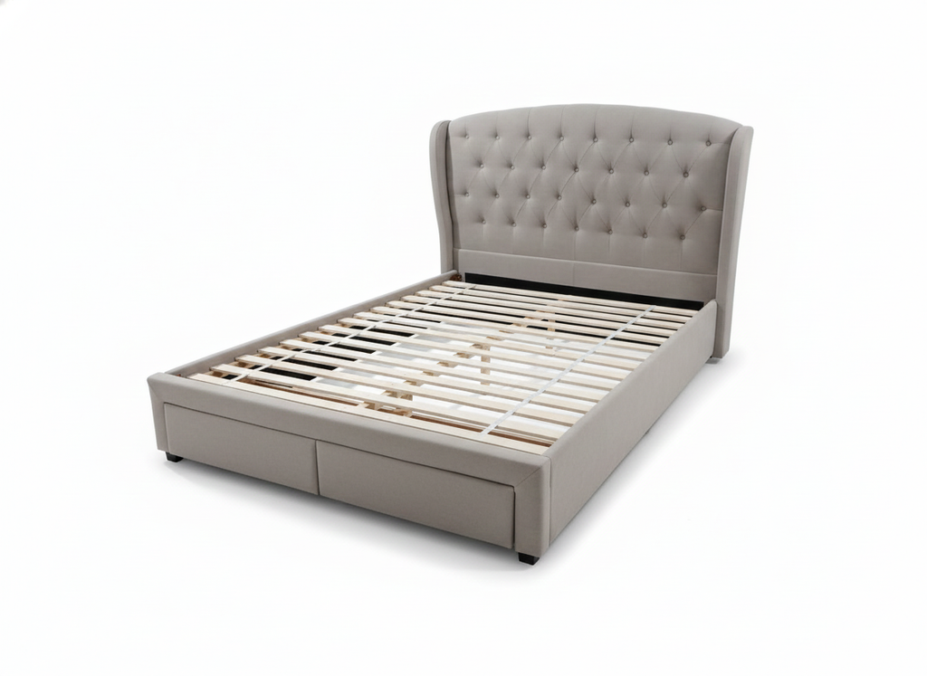 Lara Queen Bed with Storage Drawers -Beige Upholstered