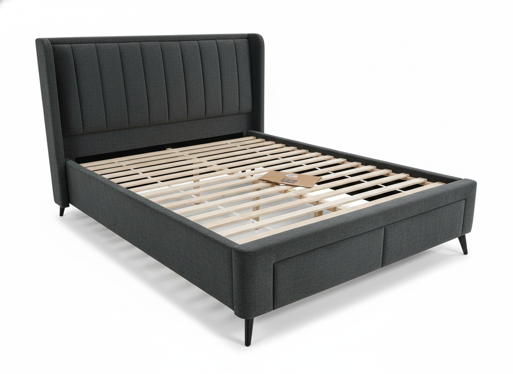 Kasper Queen Bed with Storage Drawers -Charcoal Upholstered