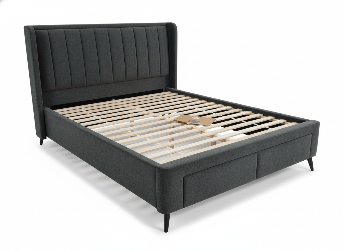 Kasper Queen Bed with Storage Drawers -Charcoal Upholstered