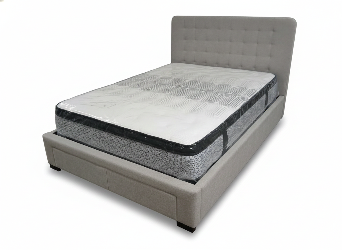Bobby Double Bed with Storage Drawers -Light Grey Upholstered