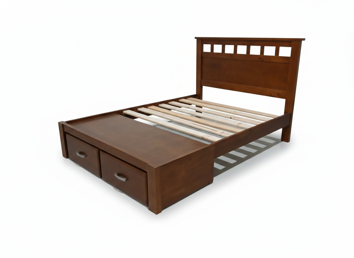 Homefur Double Bed with Storage Drawers -Timber Finish