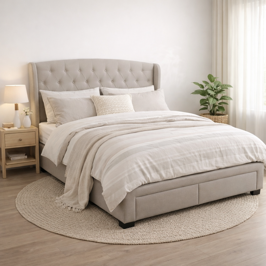 Lara Queen Bed with Storage Drawers -Beige Upholstered