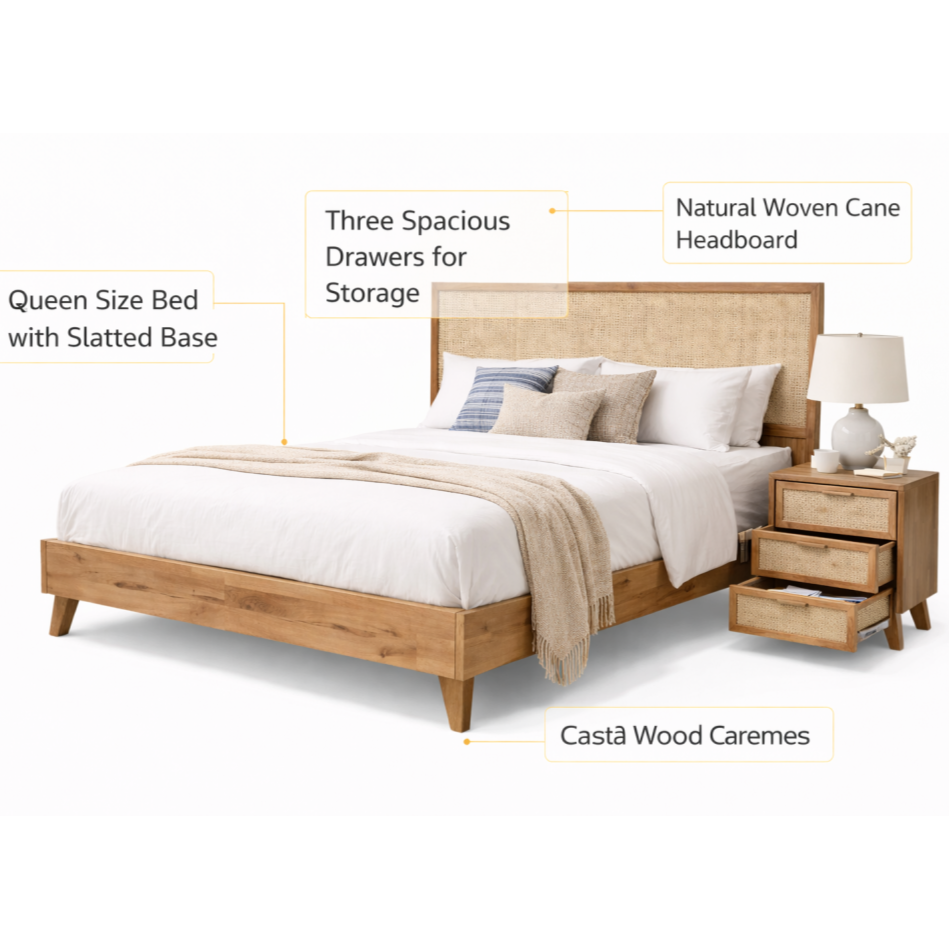 Coast Cane Bedroom Suite -Light Timber Bed Frame & Matching Set