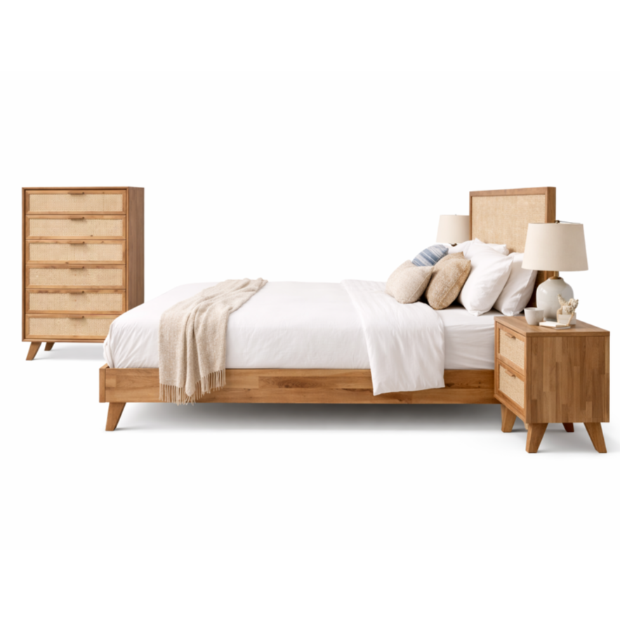Coast Cane Bedroom Suite -Light Timber Bed Frame & Matching Set