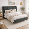 Kasper Queen Bed with Storage Drawers -Charcoal Upholstered