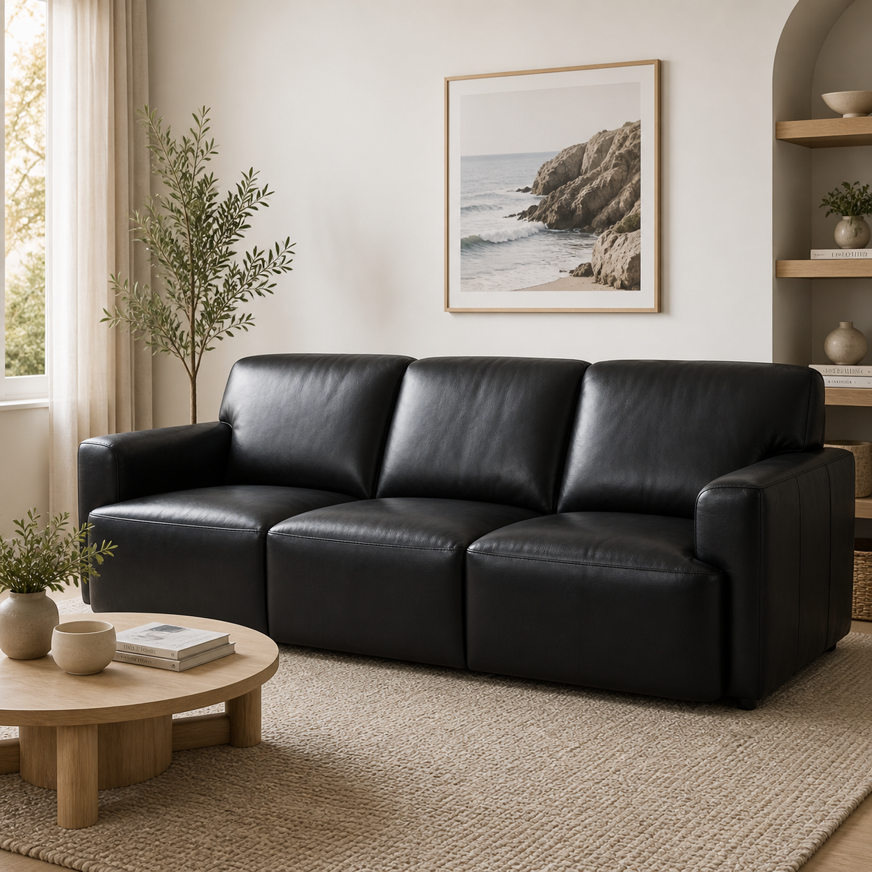 Chevron 3 Seater Full Leather Sofa -Premium Black