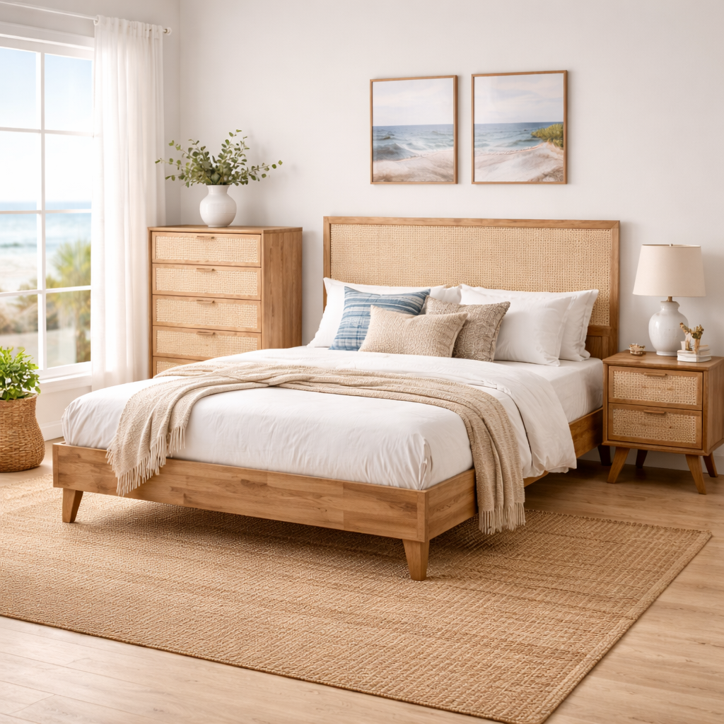 Coast Cane Bedroom Suite -Light Timber Bed Frame & Matching Set
