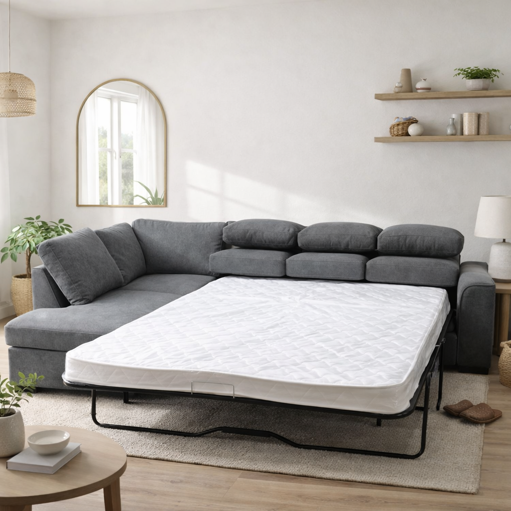 Kristie Fabric Corner Sofa Bed with Pull-Out Double Mattress -Dark Grey