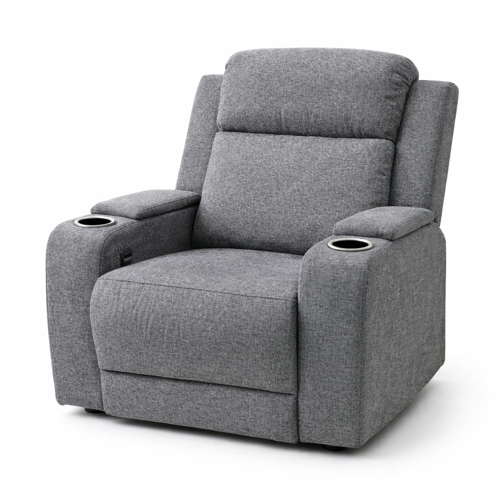 Nevada Fabric Electric Recliner Armchair -Grey with Cup Holder