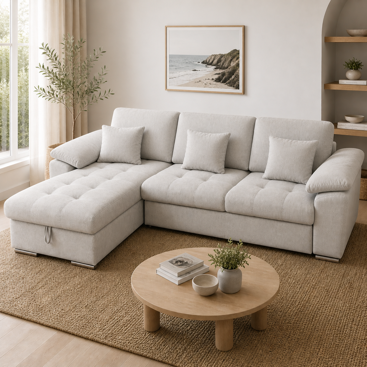 Eva Fabric Sofa Bed with Storage Chaise -Light Grey