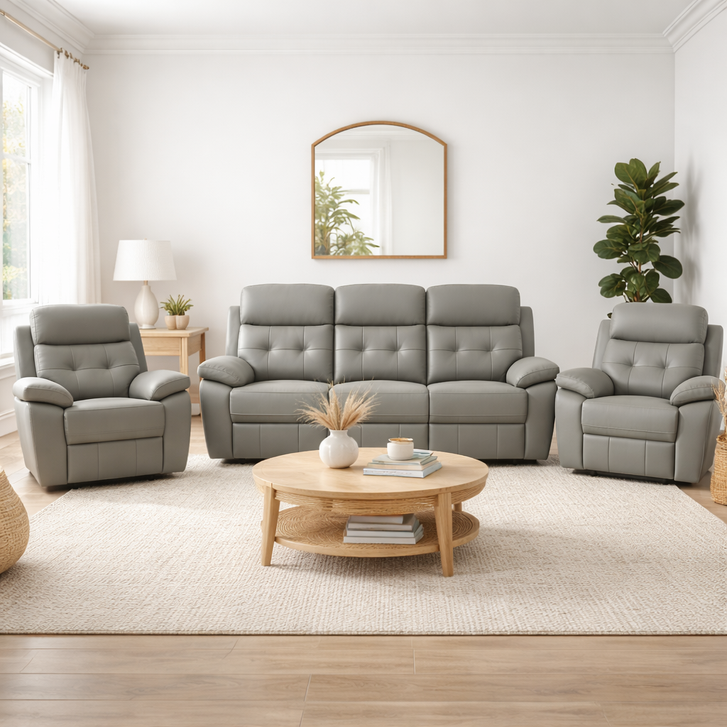 Cosmic 3 + 1 + 1 Manual Recliner Leather Sofa Set -Grey