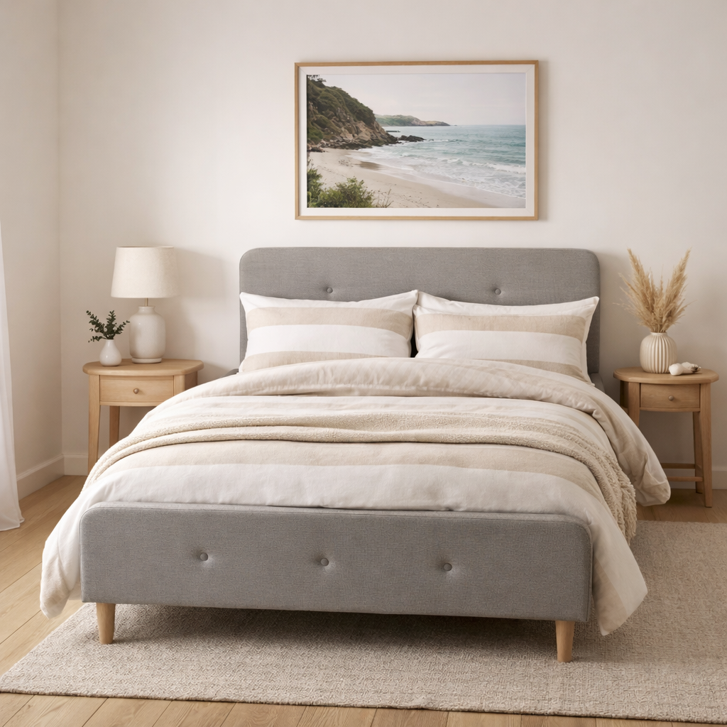 Arden Queen Bed Frame -Grey Upholstered