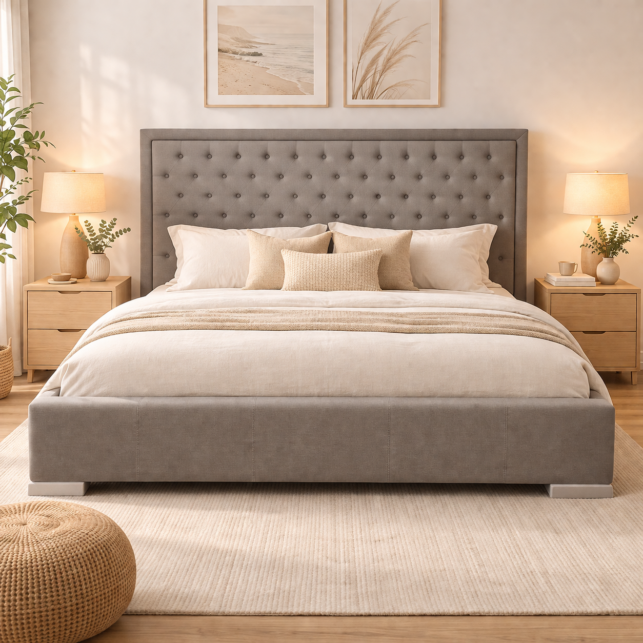 Ritz King Bed Frame -Upholstered Grey Tufted