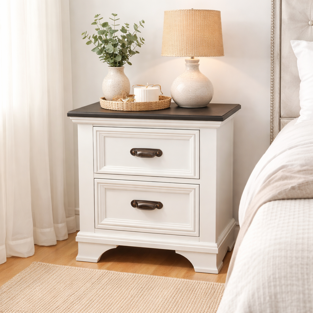 Hamptons White Bedside Table -2 Drawer