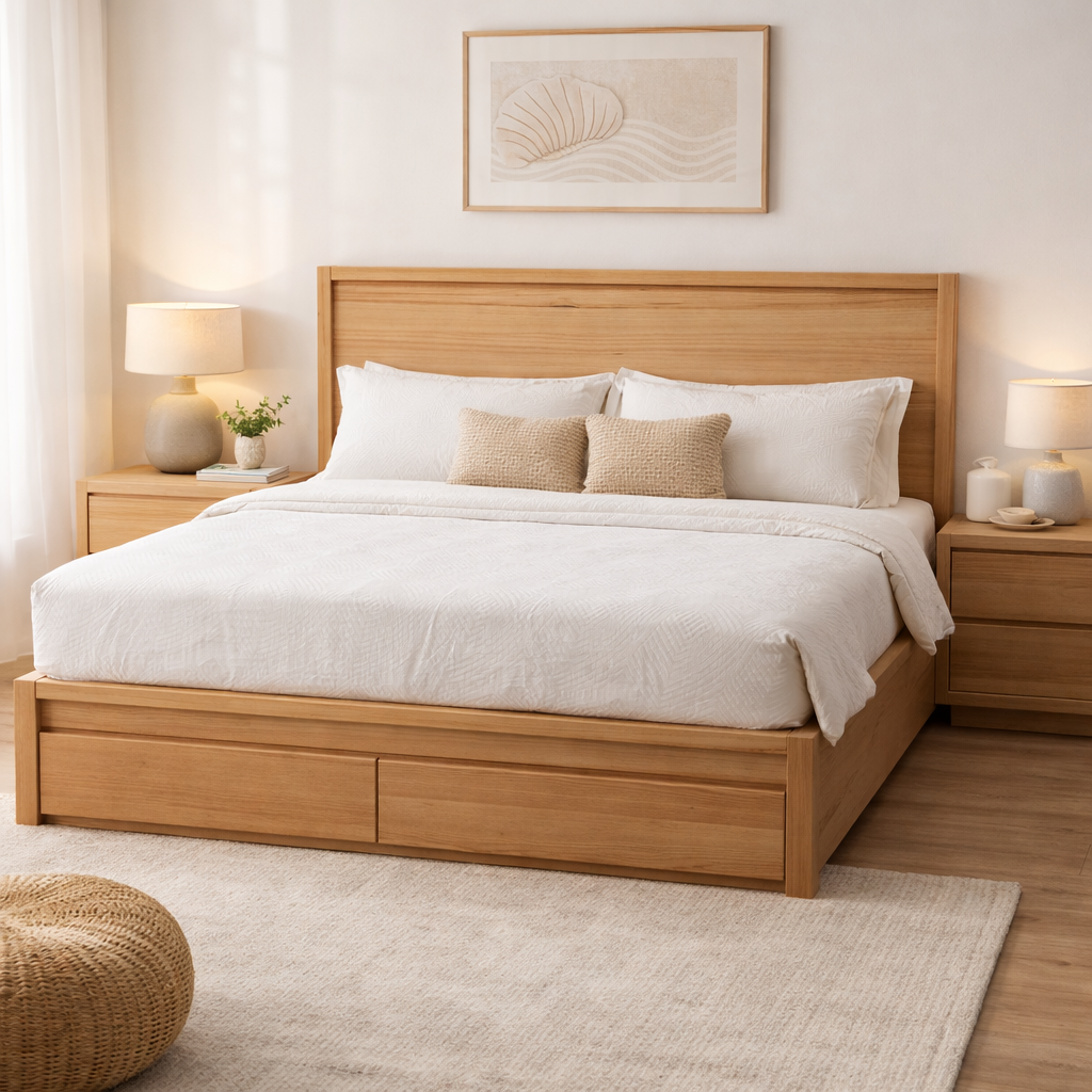 Padma King Bed Frame with Storage Drawers -Natural Wood