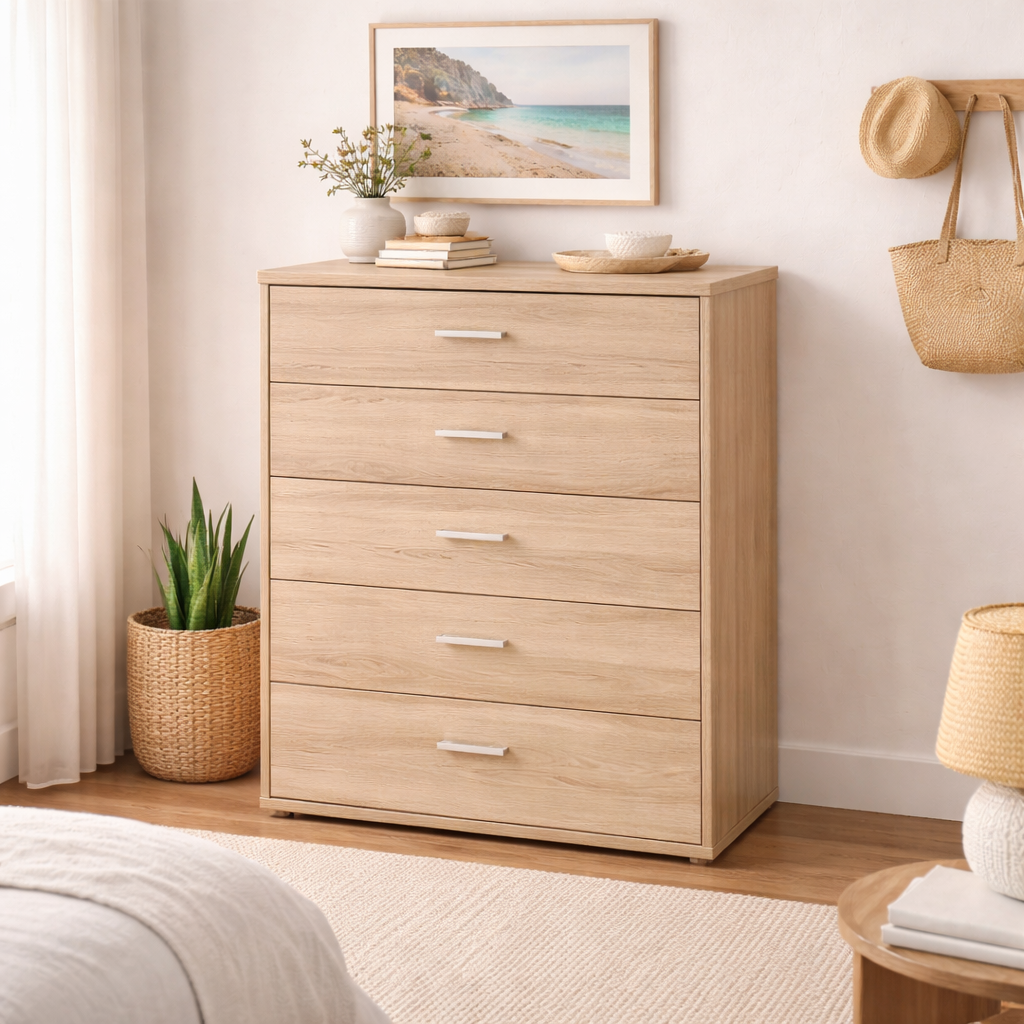 Natural Oak Tallboy -5 Drawer Chest