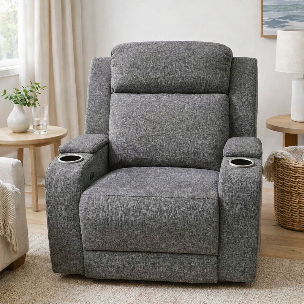 Nevada Fabric Electric Recliner Armchair -Grey with Cup Holder