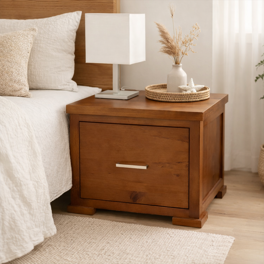 New York Solid Wood Bedside Table -Warm Timber Finish