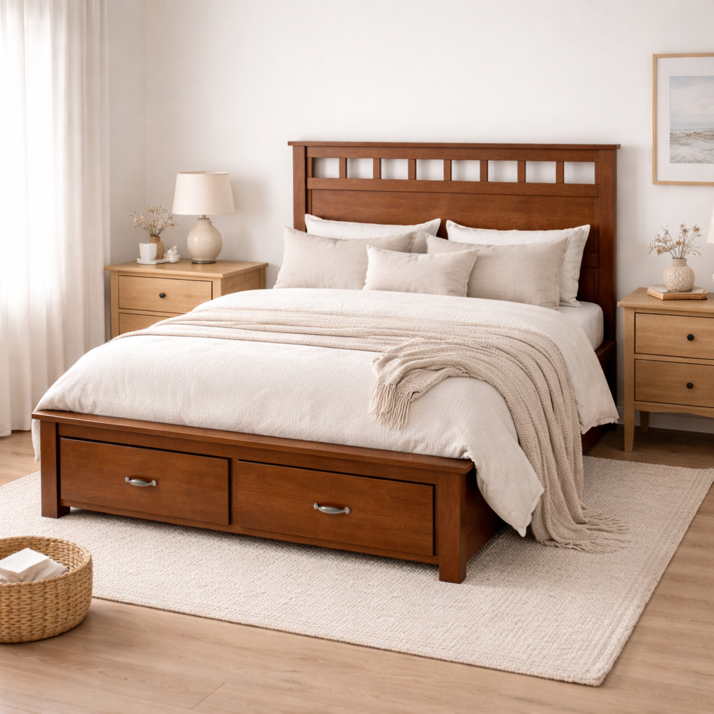 Homefur Double Bed with Storage Drawers -Timber Finish
