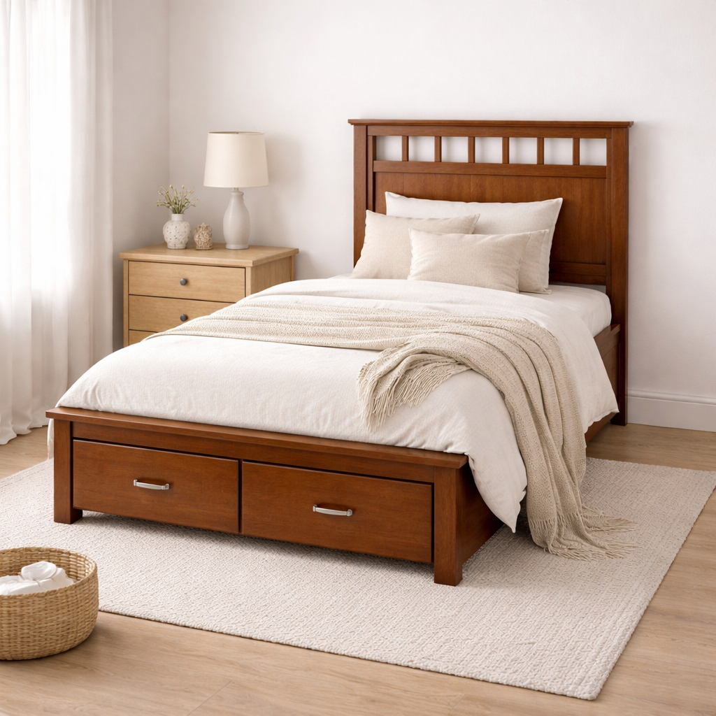 Homefur King Single Bed with Storage Drawers -Timber Finish